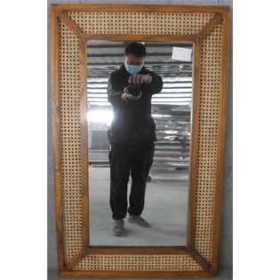 Primary color-red brown-solid wood-rattan frame mirror